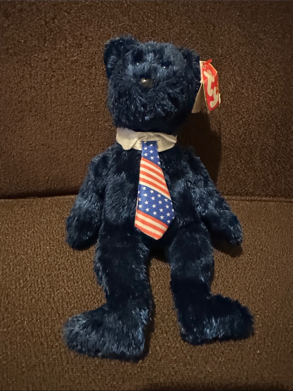 Rare Vintage Ty Pops Navy Plush Bear w/ USA Flag Tie. Misprint of 2001 with 2002